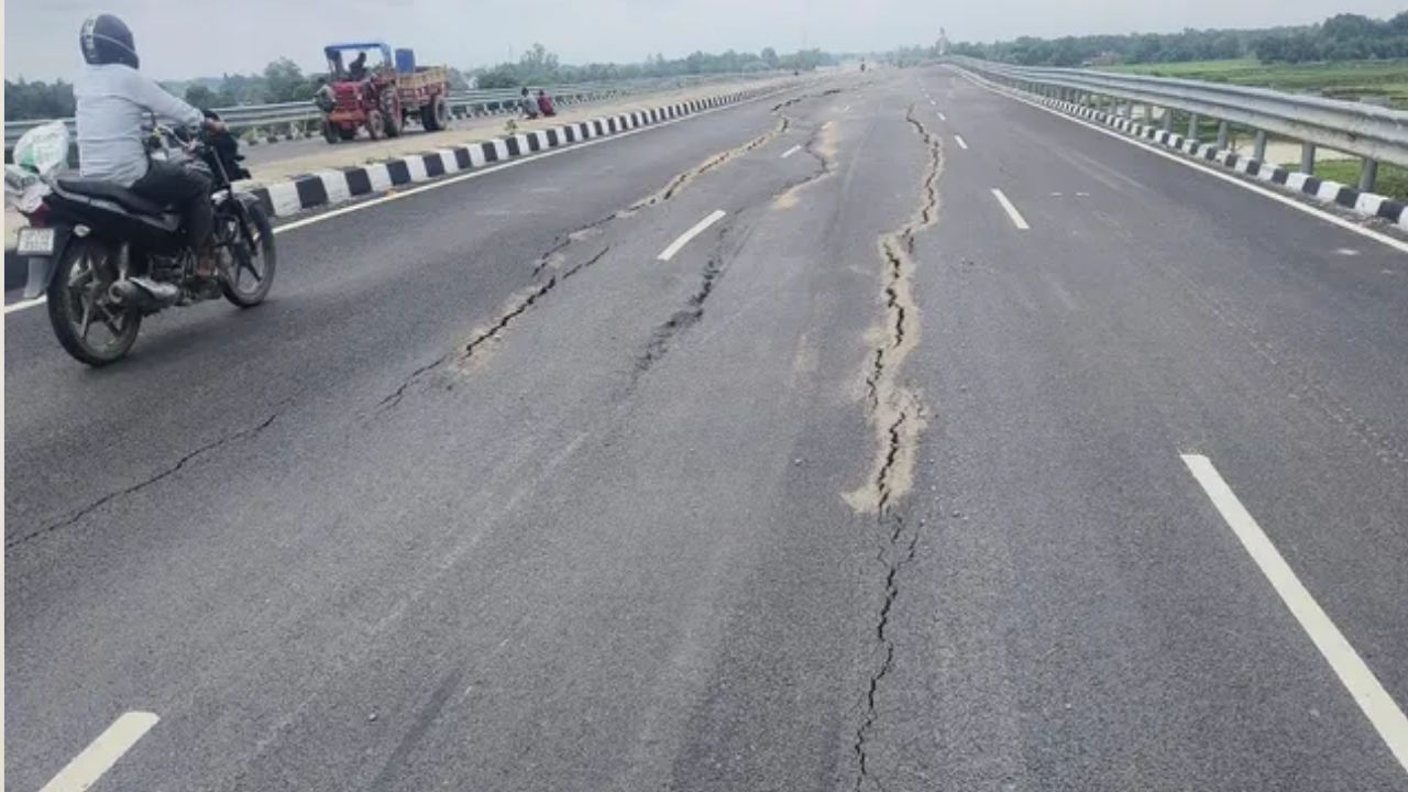 प्रयागराज में राम वनगमन पथ जगह-जगह धंसा:500 मीटर में 118 जगह दरारें; कानपुर-लखनऊ एक्सप्रेस-वे वाली कंपनी ही बना रही